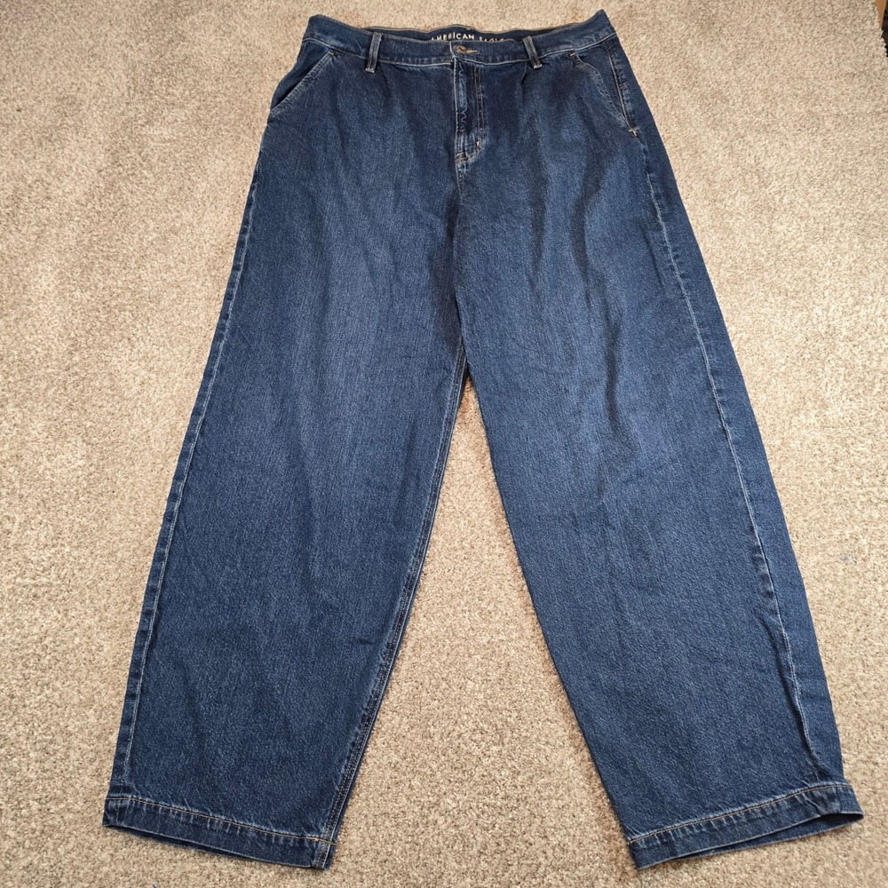American Eagle Strigid Wide Leg Jeans Womens 14 Long Dark Wash Baggy High Rise